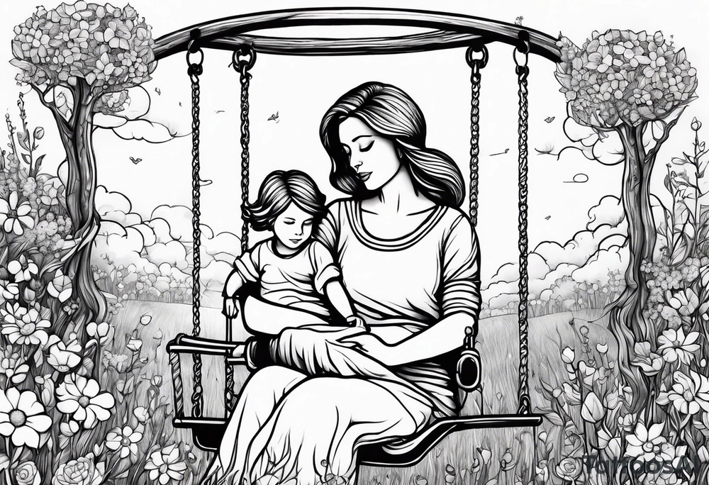 Mom with son and daughter on a swing in the distance in a field of flowers tattoo idea