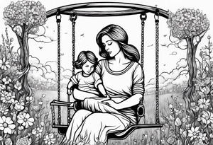 Mom with son and daughter on a swing in the distance in a field of flowers tattoo idea