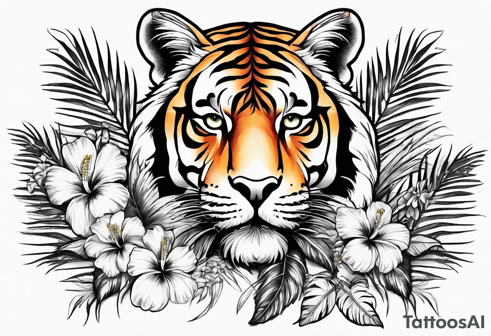 Hibiscus is very tropical with palm trees, tiger, surrounded with flowers tattoo idea