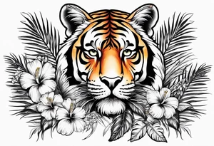 Hibiscus is very tropical with palm trees, tiger, surrounded with flowers tattoo idea