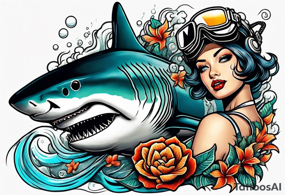 Deep sea diver with tiger shark and pin up girl tattoo idea