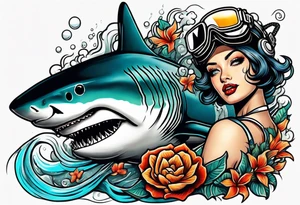 Deep sea diver with tiger shark and pin up girl tattoo idea