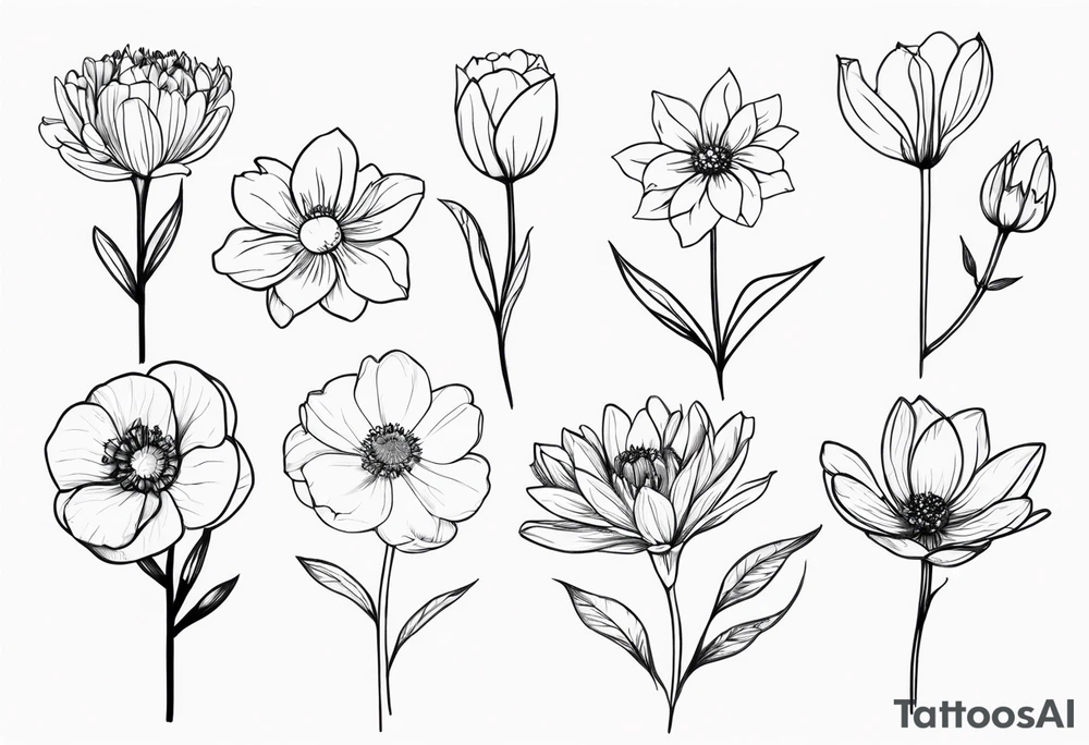 fine line birth month flowers of march may june july all together on one stem tattoo idea