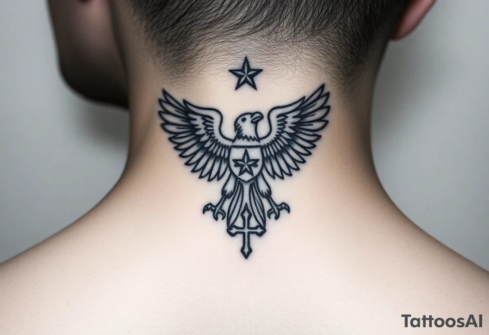 Double-headed eagle outline only (no shading) — suits neck skin which ages differently
Star above, small orthodox cross below tattoo idea