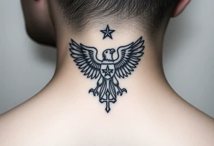 Double-headed eagle outline only (no shading) — suits neck skin which ages differently
Star above, small orthodox cross below tattoo idea