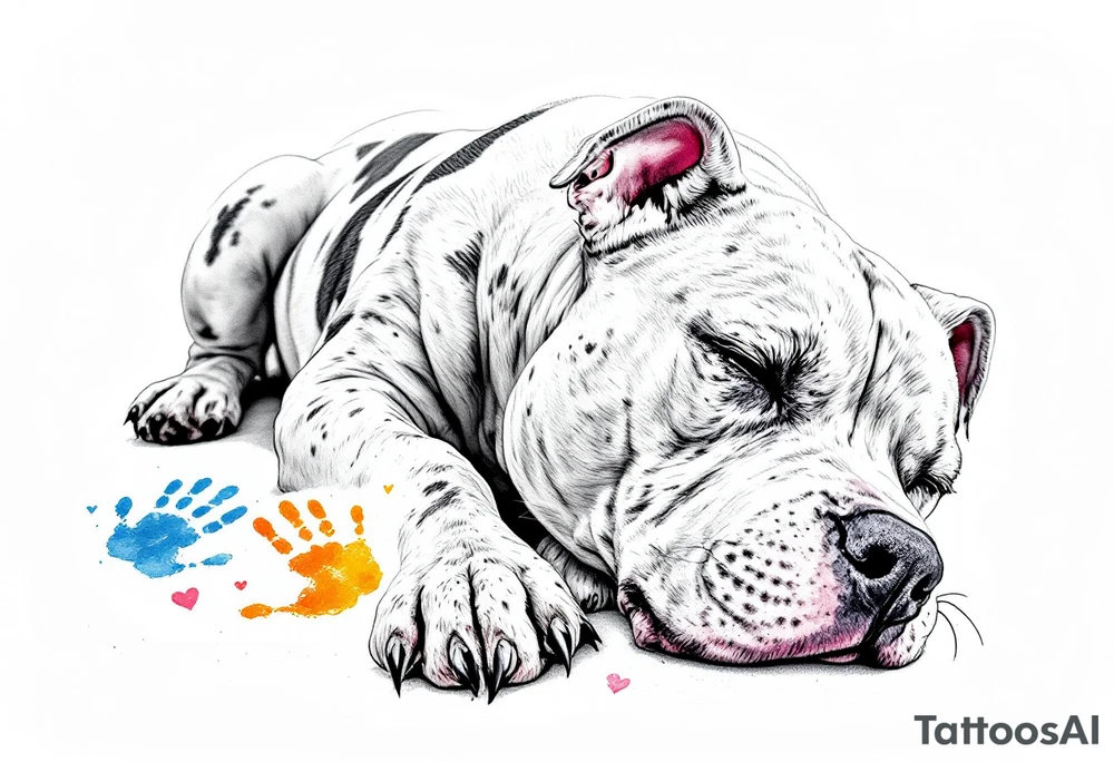 Staffbull with Child's Handprint
A peaceful Staffbull lying down with a small, colorful child’s handprint on its back or paw. Symbol of family and loyalty, done in grayscale with the handprint in soft watercolor tones (blue, pink, yellow). tattoo idea