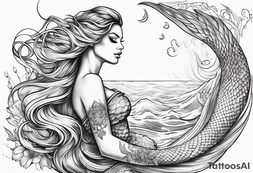 sexy goddess mermaid with flowing hair and long flowing tail with scales and tattoos combine the favorites tattoo idea
