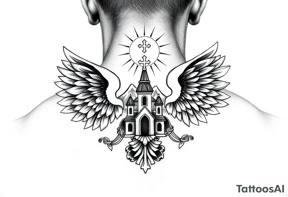 russian coat of arms with both heads visible & wings spanning out on my back neck across on to my shoulders with an orthodox christian church being visible in a mountainous sun beaming setting, with the russian orthodox cross spire of the orthodox church being visible on my neck with a sun beaming in the background that the cross sits inside tattoo idea