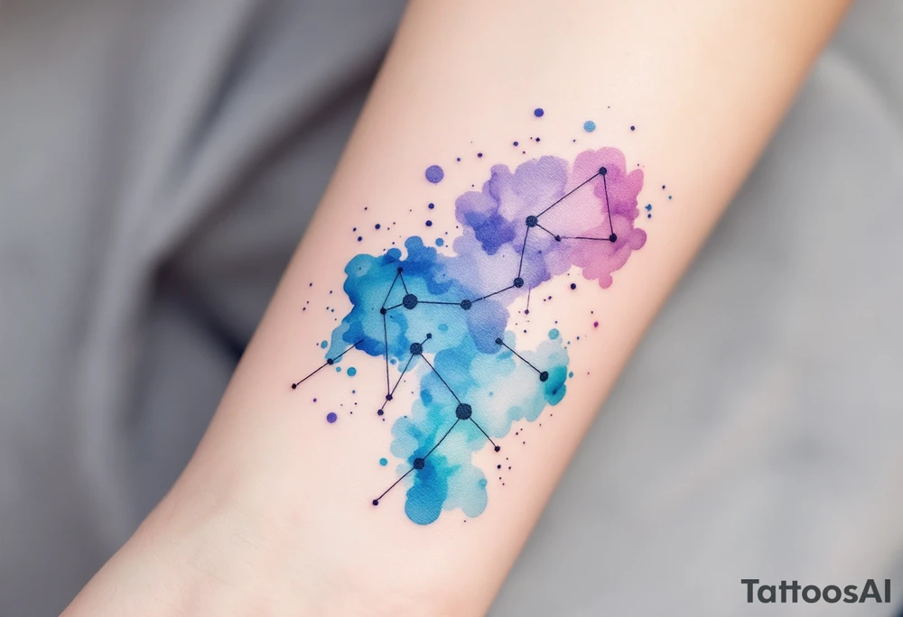 A watercolor-style Sagittarius constellation in shades of indigo, teal, and violet splashed across the forearm like a night sky. tattoo idea