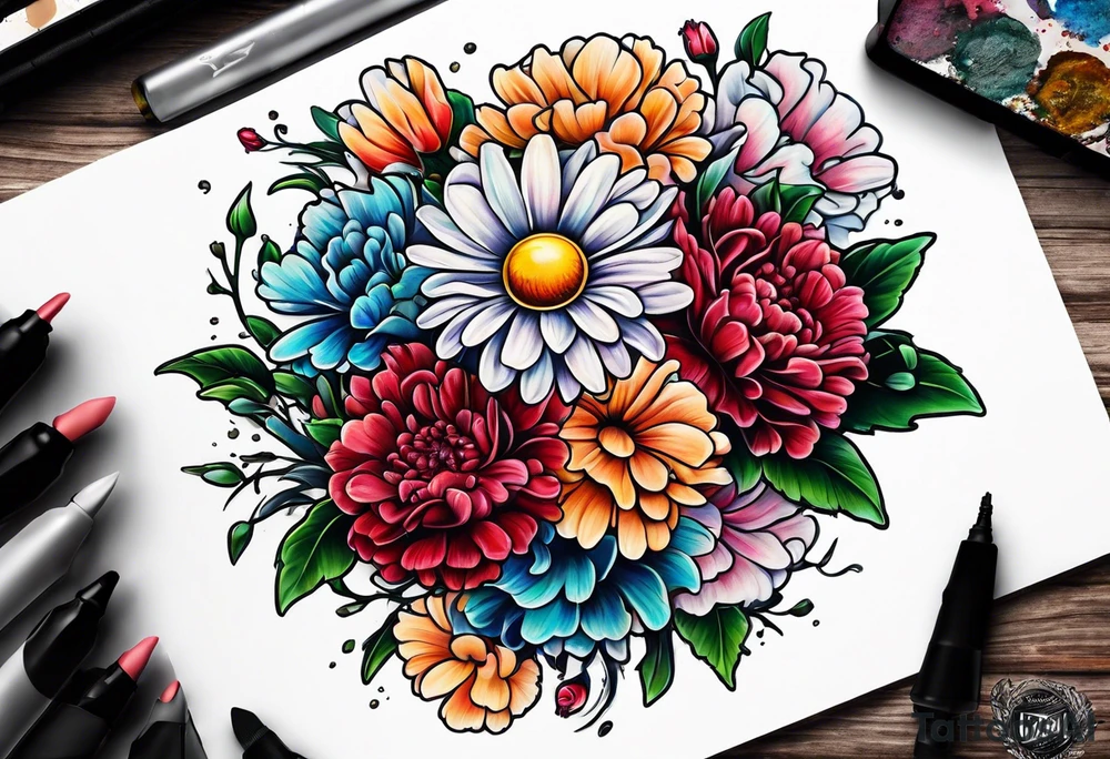 Daisy and carnations tattoo idea
