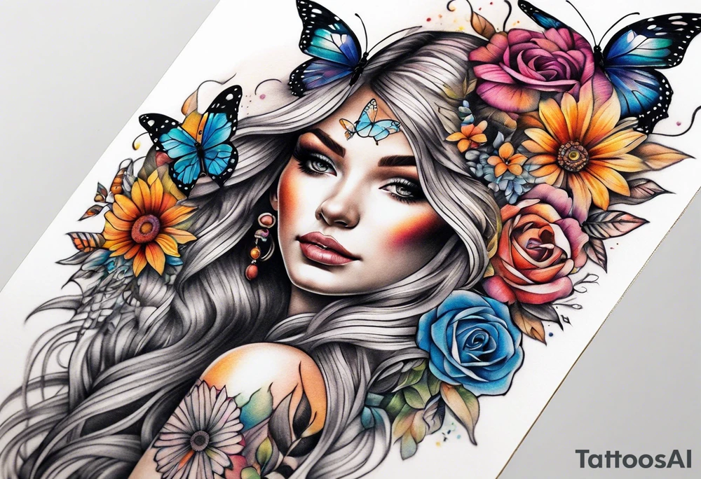 arm sleeve with dreamcatcher, rainbow flowers and one butterfly tattoo idea