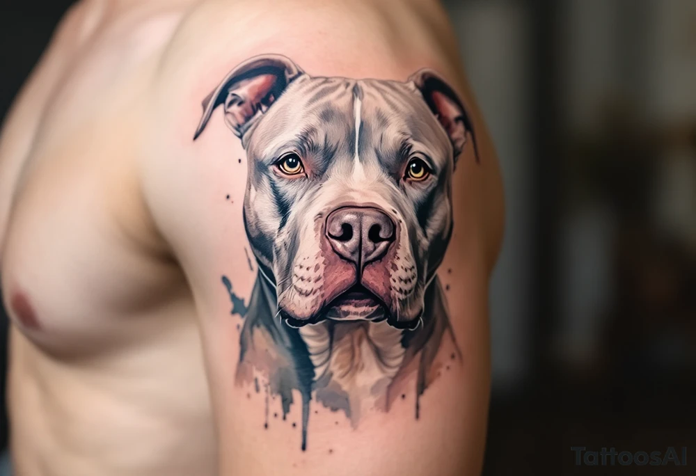 Watercolor pitbull portrait, soft washes of gray, blue, and brown, with expressive brush strokes highlighting the dog’s emotion. tattoo idea