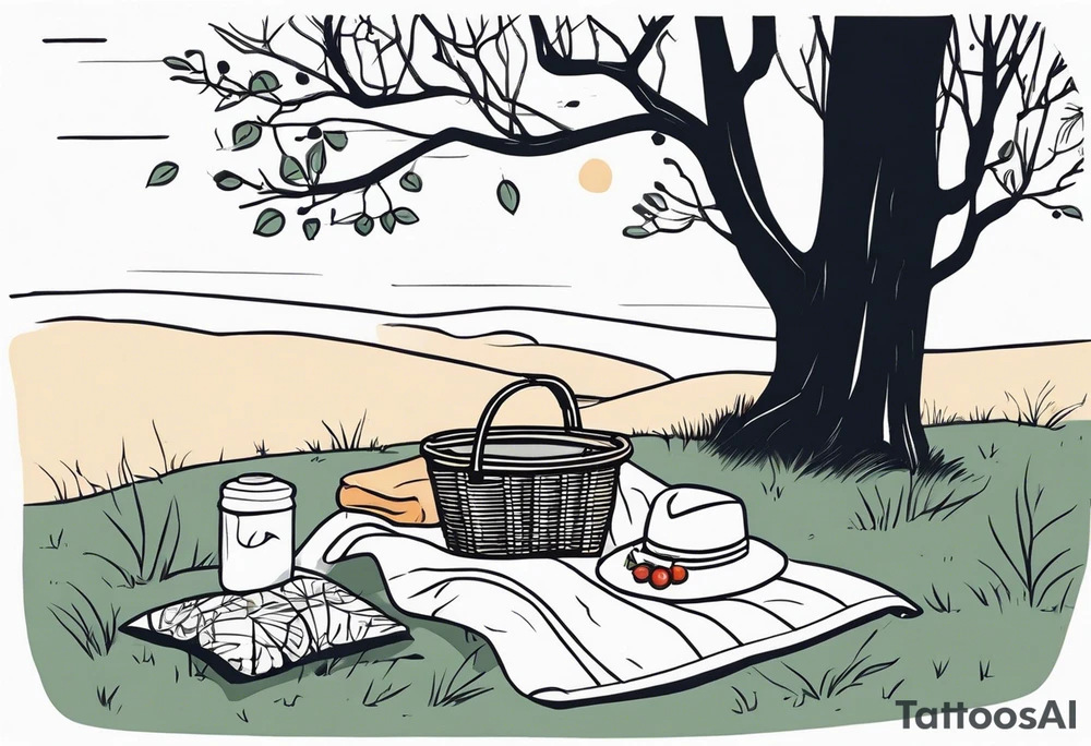 Very light, minimalstic picnic scene in nature. A blanket on the ground with one picnic-basket with lid, one backpack, pillows and tennants in the trees. tattoo idea