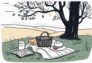 Very light, minimalstic picnic scene in nature. A blanket on the ground with one picnic-basket with lid, one backpack, pillows and tennants in the trees. tattoo idea