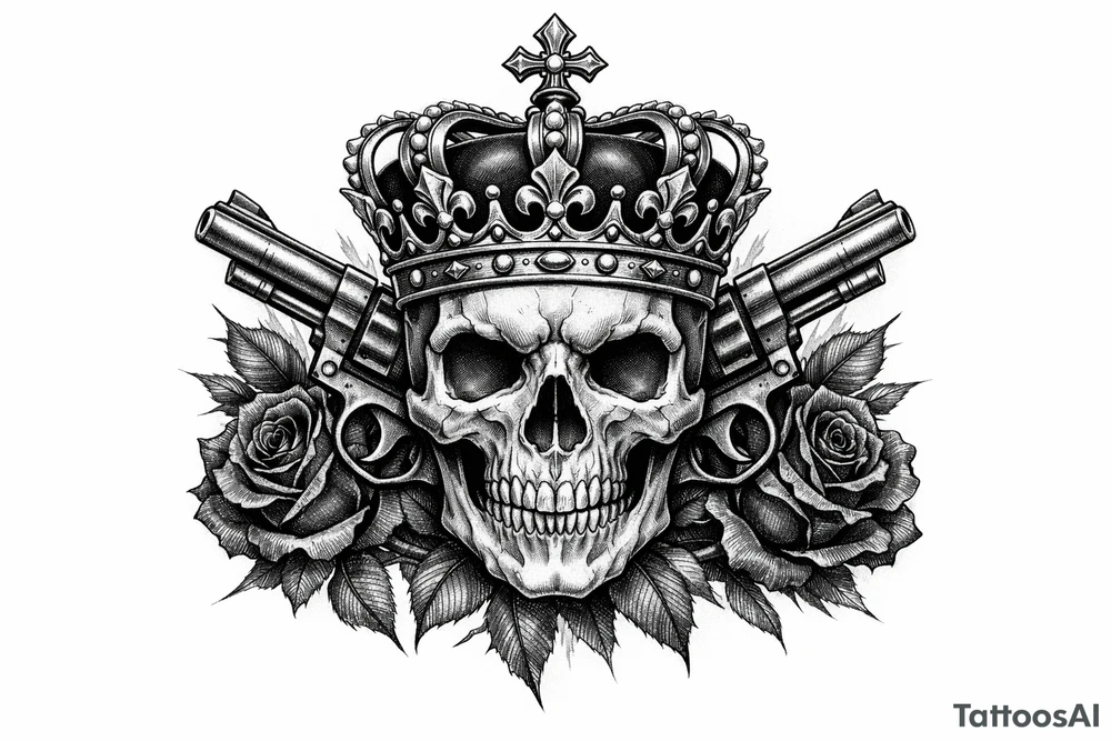 Close-up skull, ornate crown, revolvers, dark roses, realistic tattoo style. tattoo idea