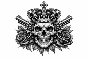 Close-up skull, ornate crown, revolvers, dark roses, realistic tattoo style. tattoo idea
