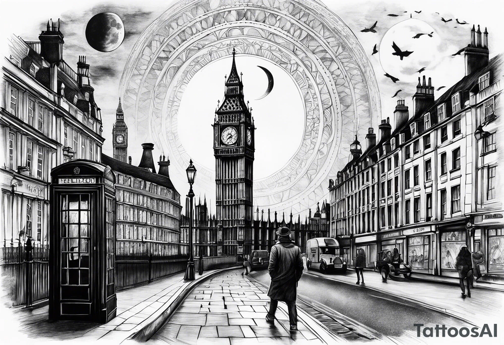 Old London with Big Ben, houses, street, man with hat and the moon tattoo idea