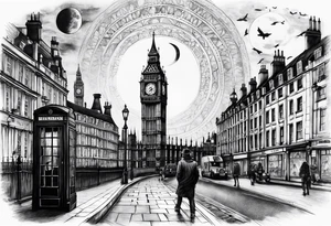 Old London with Big Ben, houses, street, man with hat and the moon tattoo idea