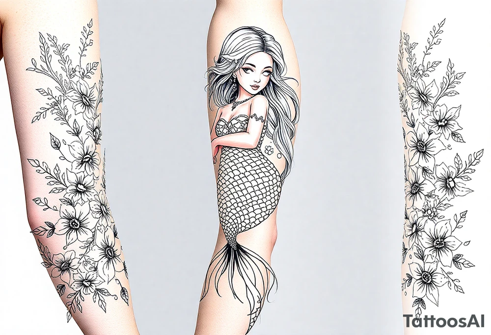 ethereal mermaid with flowing hair among coral and sea flowers tattoo idea