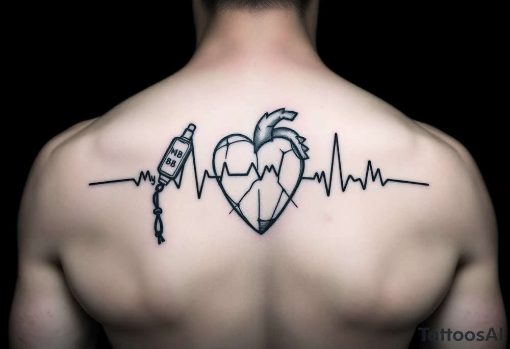 Heartbeat line with a ironman dangling from leftside with the words: My BB My Ironman going through the middle forming a cross with the heartbeat tattoo idea