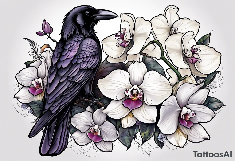 A sleeve with a a Raven A white orchid saying 1990 and something showing change with the Raven tattoo idea