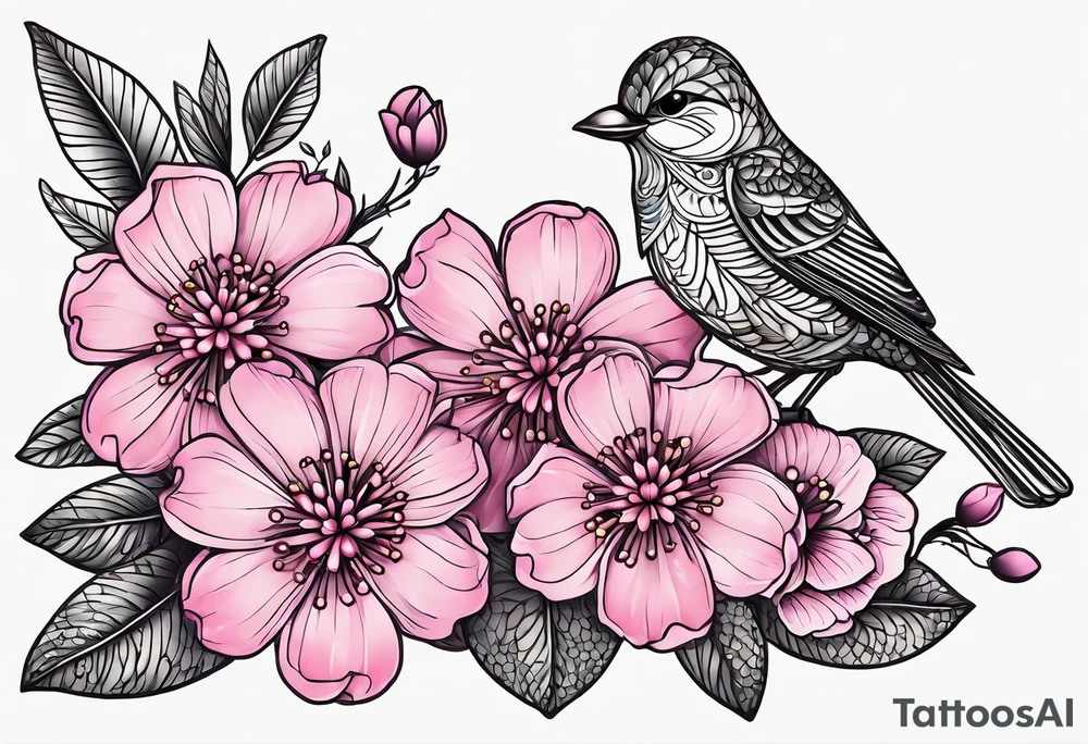 Small Pink flowers with decorative dott pattern, a bird and libra tattoo idea