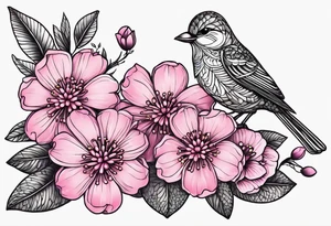 Small Pink flowers with decorative dott pattern, a bird and libra tattoo idea