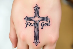 Cross with text fear god tattoo idea