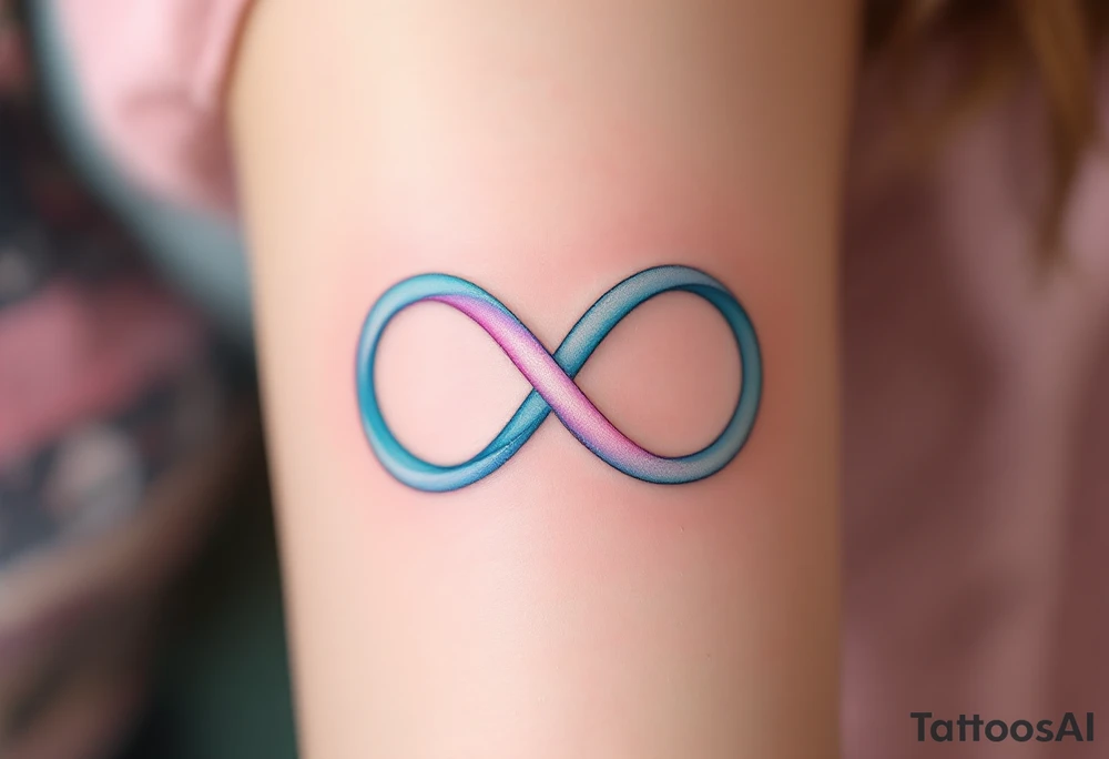A soft pastel infinity symbol blending sky blue and pink, ending in a gentle heart shape. tattoo idea