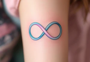 A soft pastel infinity symbol blending sky blue and pink, ending in a gentle heart shape. tattoo idea