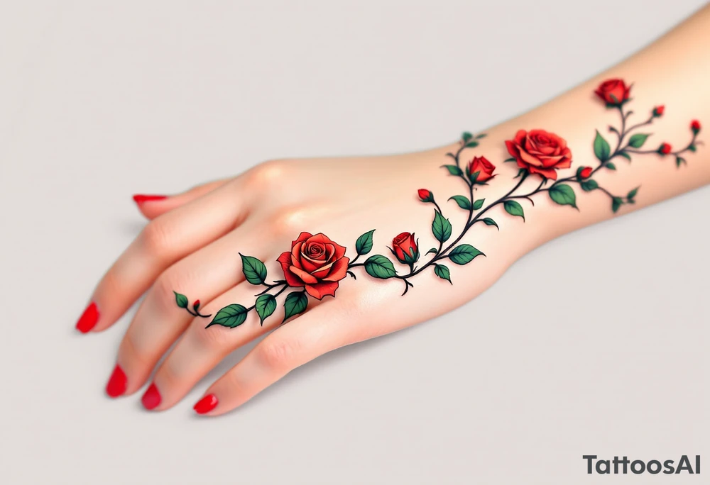 Tiny roses on a vine, curving slightly around the finger, in classic red and leaf green. tattoo idea