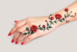 Tiny roses on a vine, curving slightly around the finger, in classic red and leaf green. tattoo idea