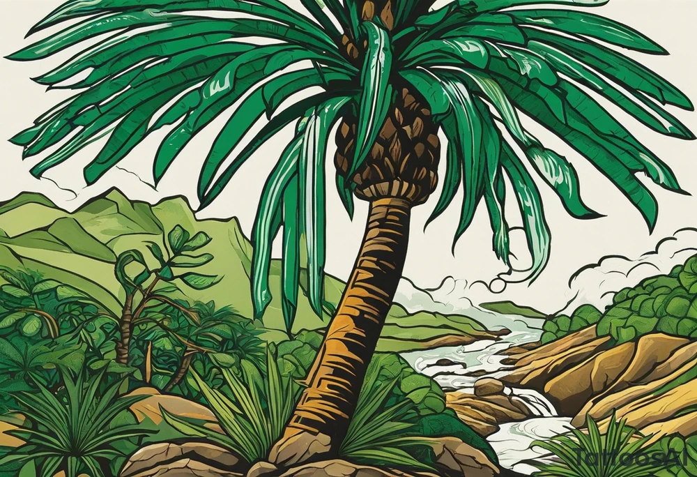 Tattoo: A striking Gachala emerald sits at the base of a tall quindio wax palm, which grows resiliently from cracks in rugged, rocky soil. The emerald is the main focal point, symbolizing strength and endurance, while the wax palm, rooted in the soil’s crevices, represents growth and resilience. A small water stream flows gently from the rocks, adding an element of life and nourishment. Style: Realism. tattoo idea