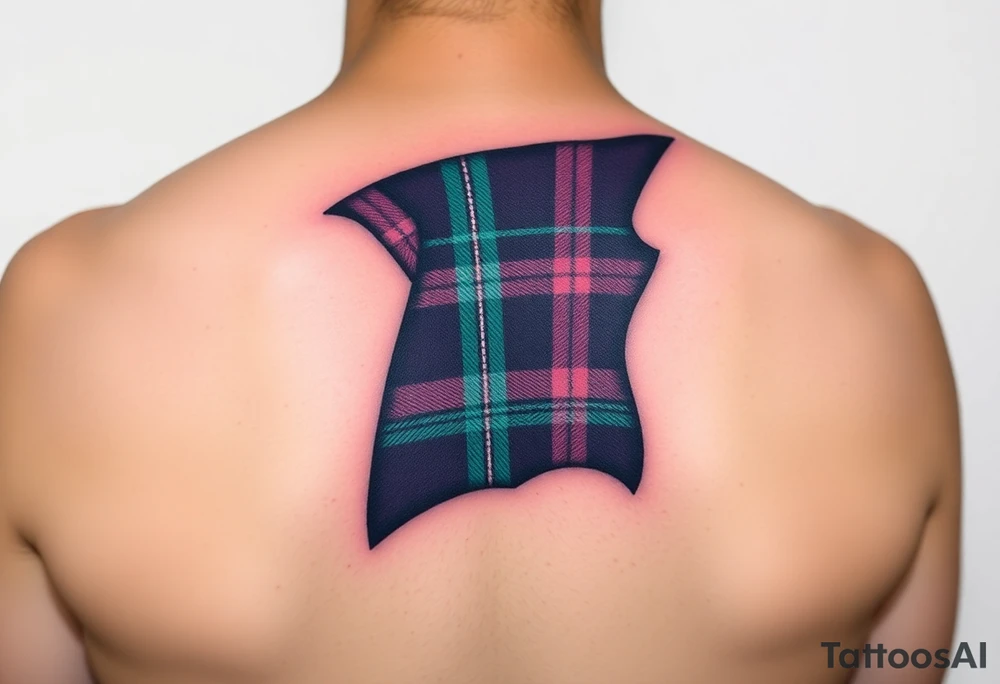Dark Purple with green pink blue and white highlights tartan fabric with skin around edges peeling and wrapping around side of shoulder tattoo idea