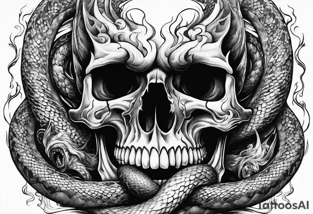 Skull with burning flames in mouth and snake through its eyes tattoo idea