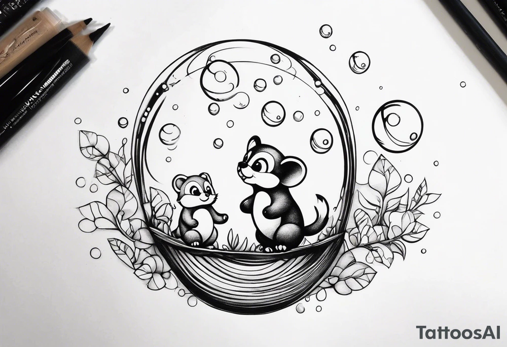 cute animals going up in bubbles tattoo idea