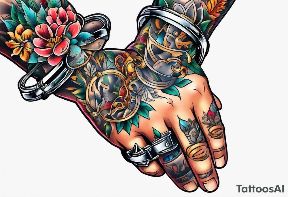 Praying hands with hand cuffs tattoo idea
