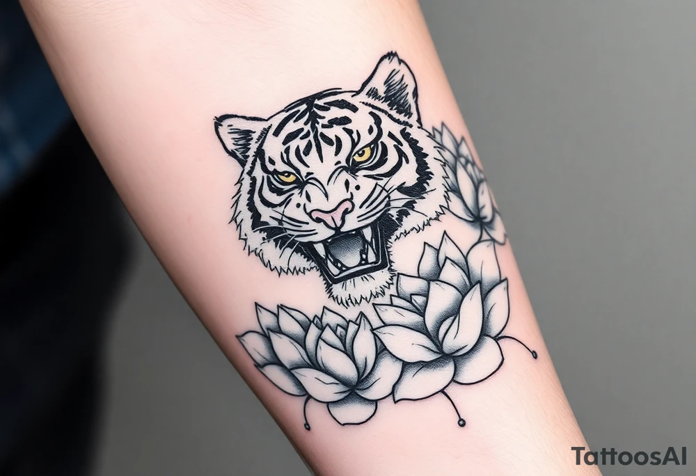fierce tiger emerging through blooming lotus flowers in mist ganzer unterarm tattoo idea