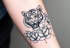 fierce tiger emerging through blooming lotus flowers in mist ganzer unterarm tattoo idea