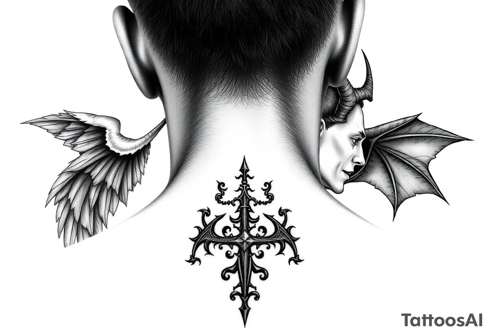 position behind the neck Angel (on the right) whispering in the right ear, demon (on the left) whispering in the left ear. It must be as realistic as possible. tattoo idea