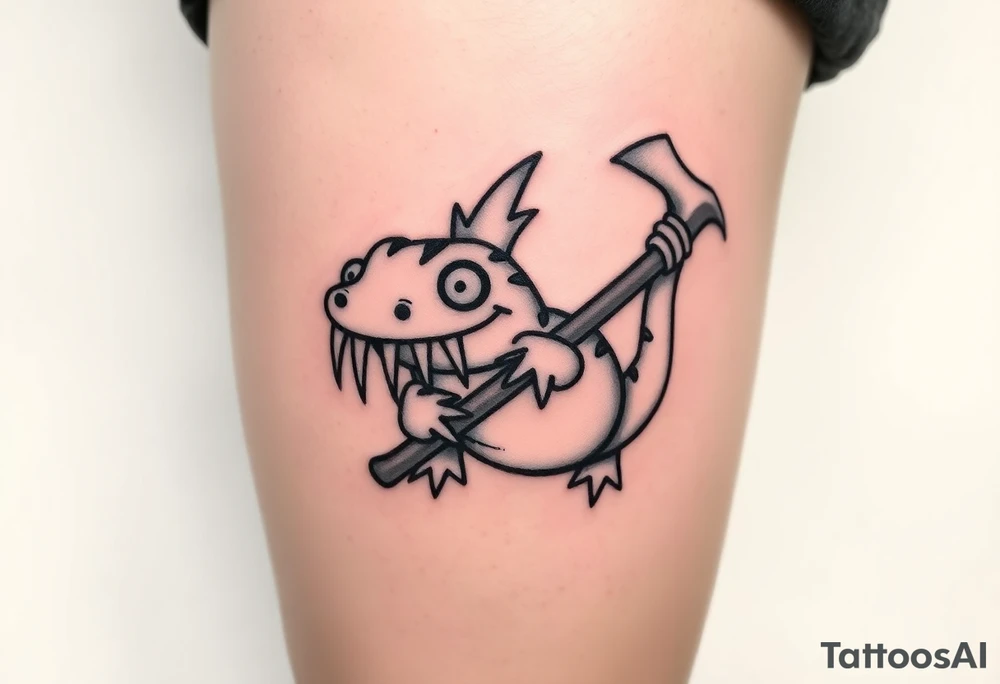 axolotl with big gills holding an axe tattoo idea