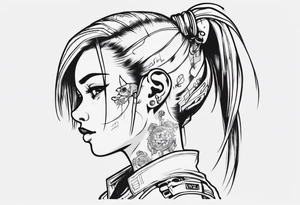 Cute cyberpunk girl with ponytail tattoo idea