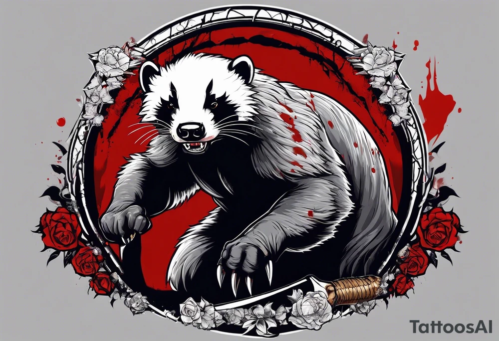 Draw me psychopath Honey Badger/Berserker with aggressive full body, killer face with a scary smile, very long nails and he attacks like a Bloody Assassin/Warrior/Gladiator to us and also, he has very deadly looking. He fights with his nails. Everybody scares after their first sight. Give me horror type Badger Tattoo. I want to see his Realistic full body with no weapons. tattoo idea