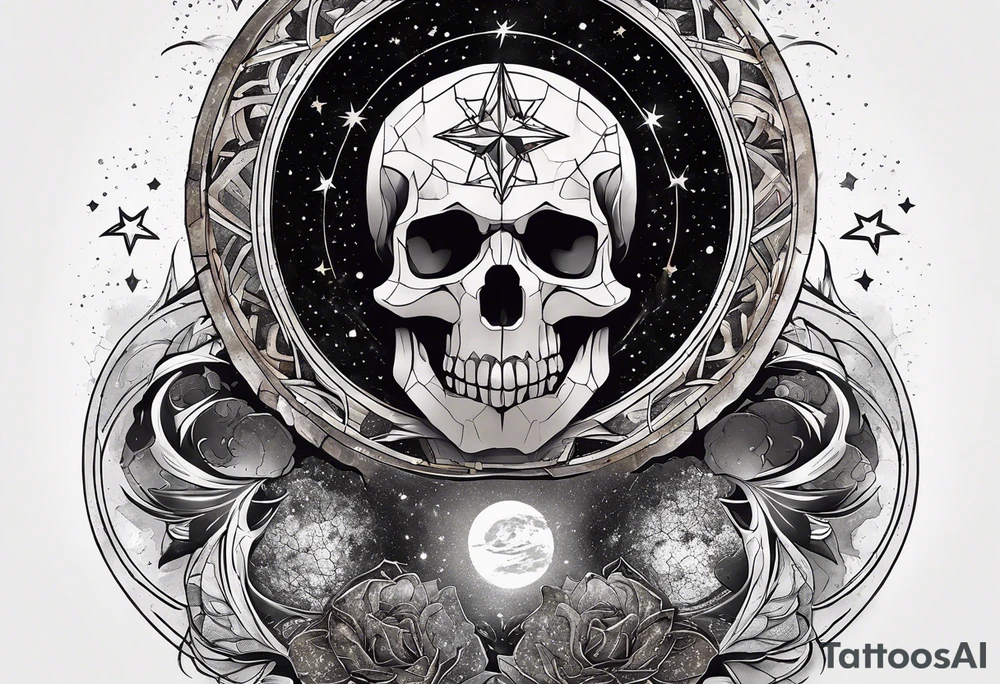 Matter, energy, space and time with an old stone theta symbol with stars in the background and Scorpio constellation tattoo idea