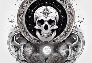 Matter, energy, space and time with an old stone theta symbol with stars in the background and Scorpio constellation tattoo idea