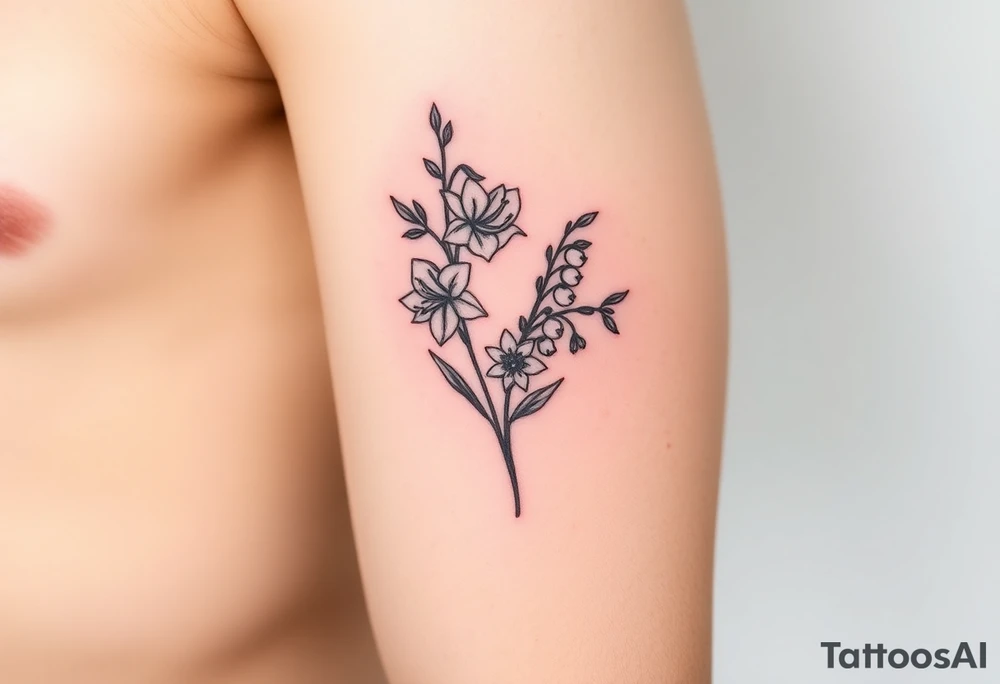 Feminine daffodils, Lily of the valley and larkspur bouquet tattoo idea