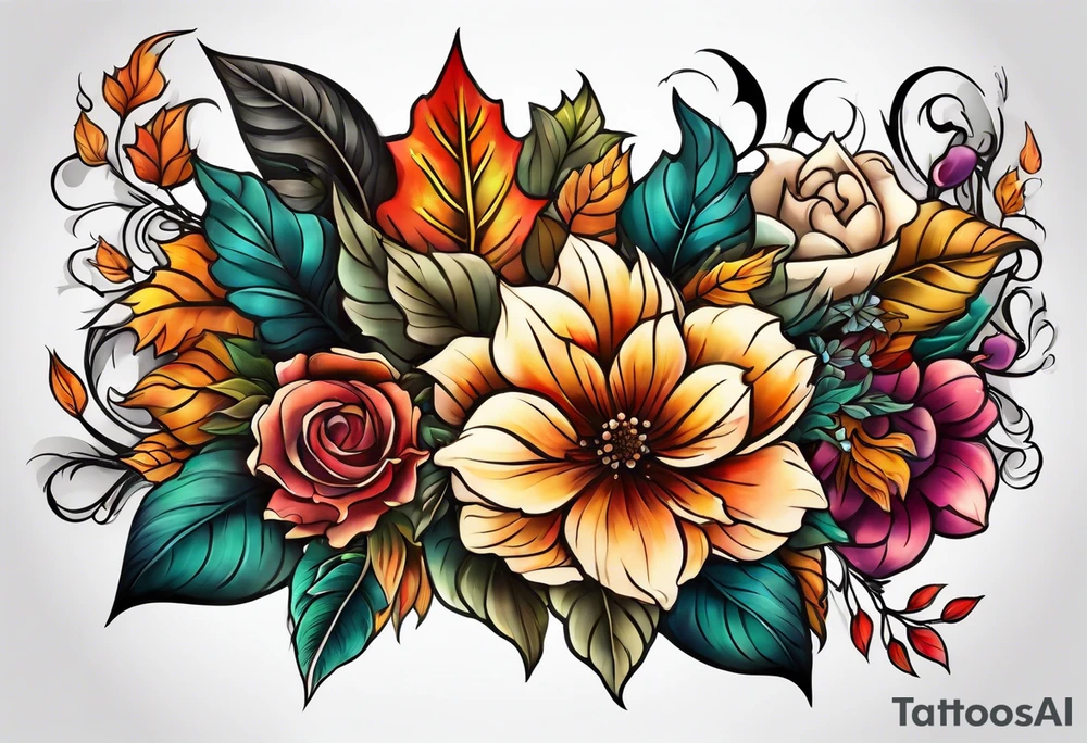 Full arm sleeve with fall colors, flowers, water, leaves and various shapes tattoo idea