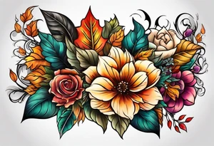 Full arm sleeve with fall colors, flowers, water, leaves and various shapes tattoo idea