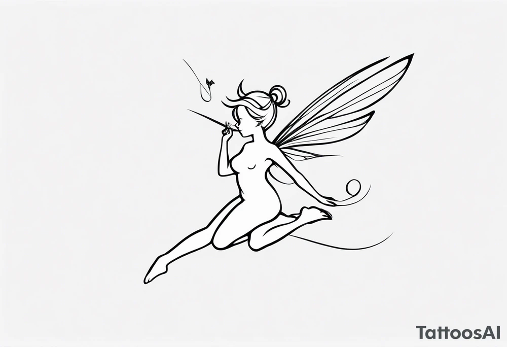Minimalistic, monochromatic fairy with a tail flying to the left in a fetal position, leaning and looking in the same direction, with visible hands, embodying the 'Fairy Tail' logo aesthetic. tattoo idea