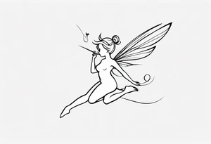Minimalistic, monochromatic fairy with a tail flying to the left in a fetal position, leaning and looking in the same direction, with visible hands, embodying the 'Fairy Tail' logo aesthetic. tattoo idea